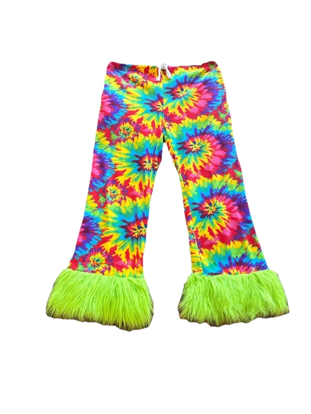 Grandma Pants Tie Dye Faux Fur Bell Bottom Festival Rave Pants L Burning Man - Picture 9 of 14